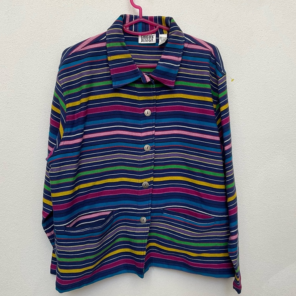 Chico's Designs Purple, Blue Retro Striped Woven Button Front Jacket Size 3, XL